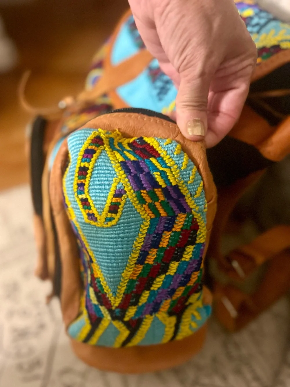 New Boho Embroidered Peruvian Embroidered genuine Leather-Trim large Backpack